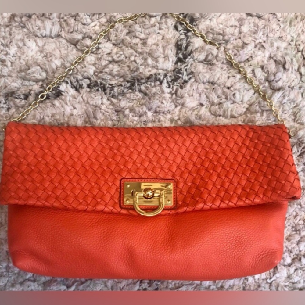 Banana Republic Orange braided leather bag w/chain strap & pockets Re $128 NEW - Picture 2 of 15